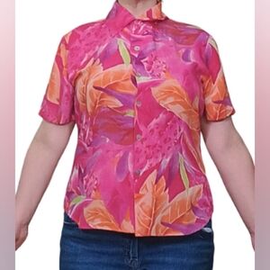 100% Silk Women's Pink and Orange Hawaiian Style Print Button Up Shirt Size M